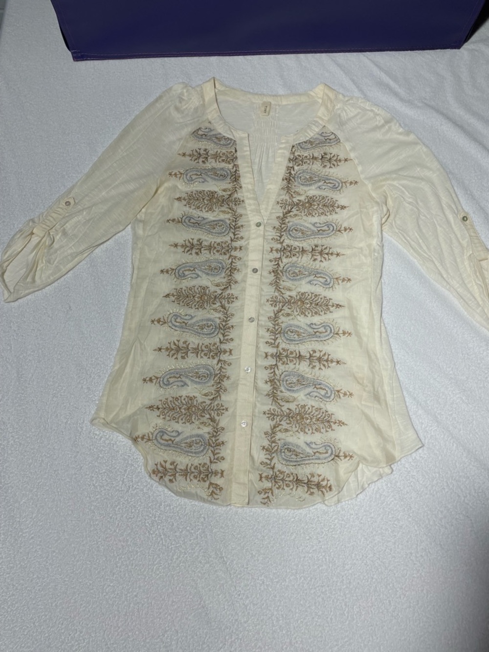 Boho Embroidered Cream Button-Front Women's Top